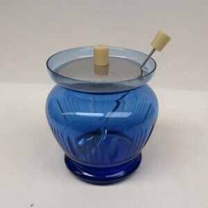 Vintage 1950s Cobalt Glass Etched Three-Piece MUSTARD Set, Metal Cut-Out Lid